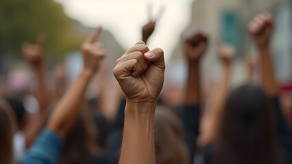 Protesters at a protest rally, group of angry activists protest, raising their fists