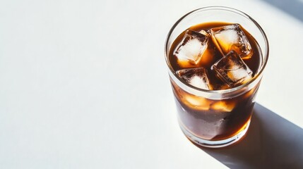 Chilled drink in glass with ice cubes, illuminated by soft sunli