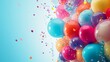 © Chaikit - Festive balloon border composition, rainbow colored party balloons, dancing confetti pieces, curling ribbons, clean celebration design, lightweight party elements, soft shiny surface