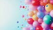 © Chaikit - Festive balloon border composition, rainbow colored party balloons, dancing confetti pieces, curling ribbons, clean celebration design, lightweight party elements, soft shiny surface