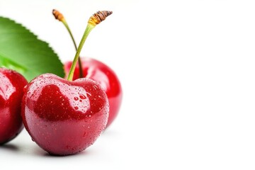 Leinwandbilder - Fresh cherries with dew drops on a white background creating a perfect space for text and design. Generative AI
