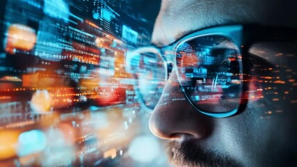 Poster - A close-up of a person in glasses, immersed in a vivid digital world with flowing data, showcasing the fusion of technology and cyber defense.