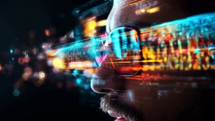 Fototapete - A person wearing glasses experiences immersive augmented reality, showcasing vibrant data overlays that reflect modern cyber defense technologies.