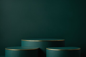 Wall Mural - Three green circular podiums with gold trim against green wall