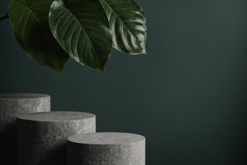 Wall Mural - Three stone podiums stand under leaves against a dark green backdrop