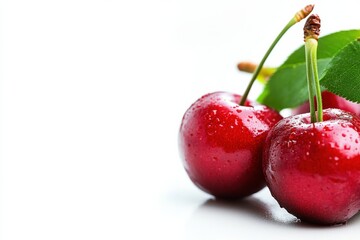 Leinwandbilder - Fresh and juicy cherries with water droplets on white background offering ample space for text or design. Generative AI