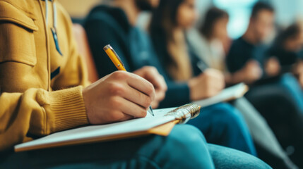 close-up of man writing notes in a notebook