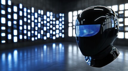 Futuristic black helmet with blue light in a dark room.
