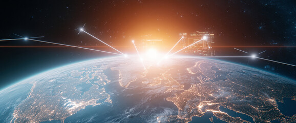 Wall Mural - satellites orbiting earth with glowing connections in outer space