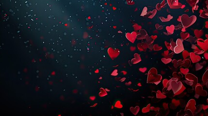 Wall Mural - A dark background with red heart-shaped petals cascading down the left side