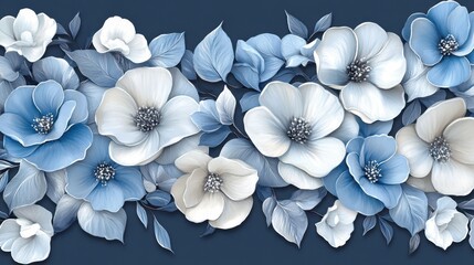 Wall Mural - exquisite blue and white flowers on dark background, stunning floral display