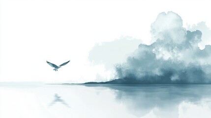 Poster - Serene landscape with soaring bird over tranquil waters and soft clouds at dawn. Generative AI