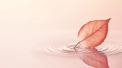 Sticker - A single autumn leaf floats on calm pink water