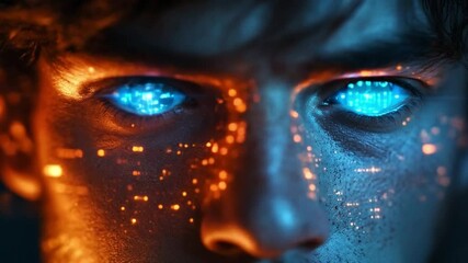 Fototapete - A person stands in a cyber defense setting, with vibrant blue glowing eyes and digital patterns illuminating their face. The atmosphere reflects advanced technology and a futuristic theme.