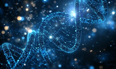 Abstract dark and blue digital background. Big data digital code, Data Communication and Transfer of DNA Biology. Futuristic information technology concept