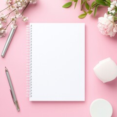 Aufkleber - Blank notebook and stationery on a pink background with floral elements for creative layout and design ideas. Generative AI