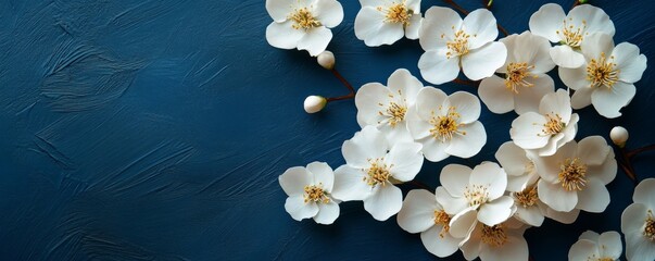 Beautiful white flowers arranged artistically on a dark blue background for decoration