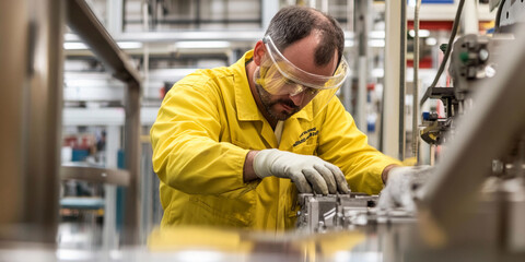 Aufkleber - Worker in yellow coat performs assembly task in factory