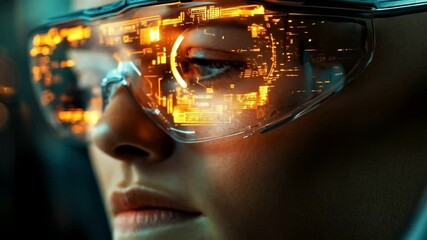 Aufkleber - A person wearing futuristic augmented reality glasses observes data and graphics in a high-tech environment focused on cyber defense. The setting emphasizes advanced technology.