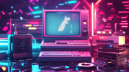 old vintage personal computer from the 80s or 90s, set in a retro-themed environment