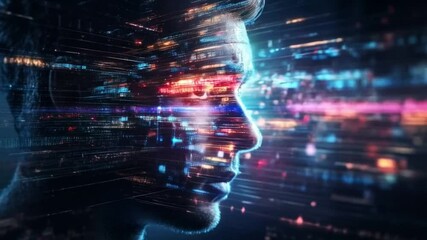Aufkleber - A profile of a person with vibrant cyber data streams flowing around them, illustrating the fusion of technology and human thought in a futuristic setting focused on defense.