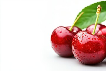 Leinwandbilder - Fresh cherries with droplets of water placed on a white surface for design purposes. Generative AI