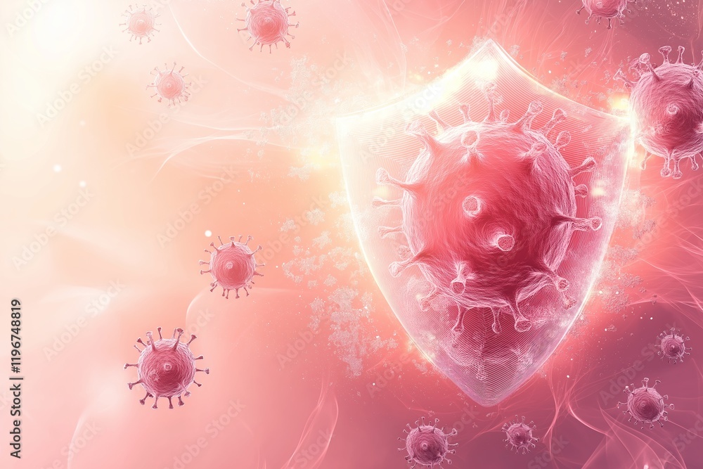 A glowing shield blocking human papillomavirus particles against a ...