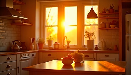 warm sunset light fills a cozy kitchen, illuminating a kitchen island with fruit and herbs. a peacef
