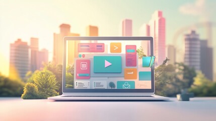 Modern Laptop Displaying User Interface Design in a Cityscape Background