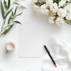 Poster - Elegant workspace with fresh flowers, coffee, and blank paper for creative ideas and planning in a serene environment. Generative AI