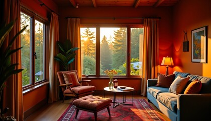 Wall Mural - Sunset illuminates a cozy living room with comfy seating and stunning forest views.