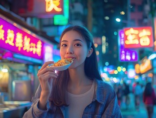 young beautiful and happy Asian Chinese woman eating fast food at night street food market in the city. smiling cheerful and attractive.