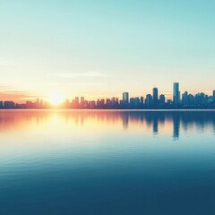 Sticker - Sunrise over a city skyline reflecting on calm water with ample copy space for text. Generative AI