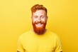 © nsit0108 - Studio portrait of a cheerful redhead man with beard wearing casual yellow t shirt, smiling on yellow background
