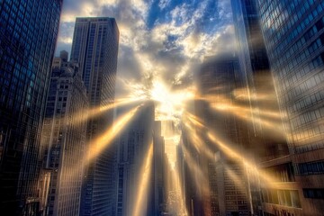 Wall Mural - a photograph of the sun shining through skyscrapers