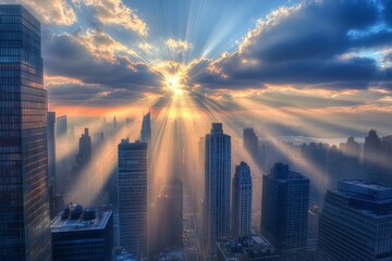 Wall Mural - a photograph of the sun shining through skyscrapers