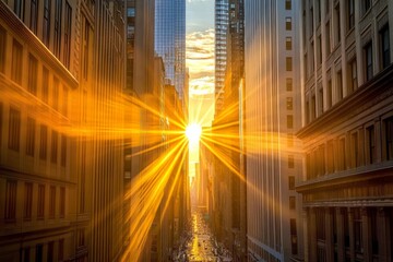 Wall Mural - a photograph of the sun shining through skyscrapers
