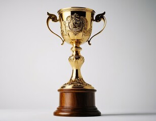 a stunning golden trophy with intricate engravings on a wooden base, symbolizing achievement and suc