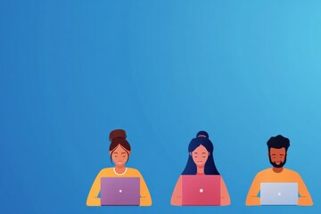 Wall Mural - Three diverse individuals working on laptops against a blue background, representing teamwork and digital collaboration.