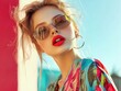 © vefimov - Beautiful woman wearing sunglasses, lips parted in a confident pose, with vibrant summer outfit.