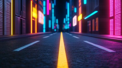 Wall Mural - A vibrant, neon-lit urban street scene at night, featuring glowing signs and a clear road leading into the distance.