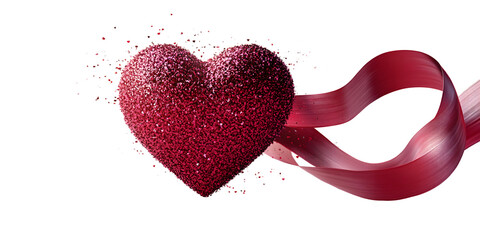 Wall Mural - red glitter heart with ribbon on pink background for valentine's day