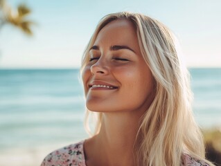 smiling woman with blonde hair, closing eyes as she smiles at the sea during sunset