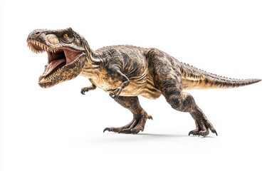 Wall Mural - A realistic Tyrannosaurus rex roaring, captured mid-motion on a clean white background with detailed textures and shadows