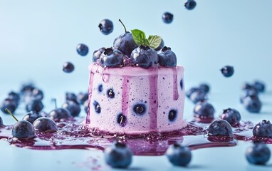 A blueberry-flavored marshmallow in a light purple hue, surrounded by fresh blueberries and a drizzle of blueberry syrup on a pastel blue background