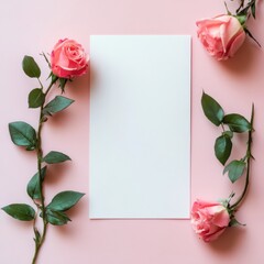 Poster - Elegant arrangement of pink roses surrounding blank space on a soft pink background for creative design purposes. Generative AI