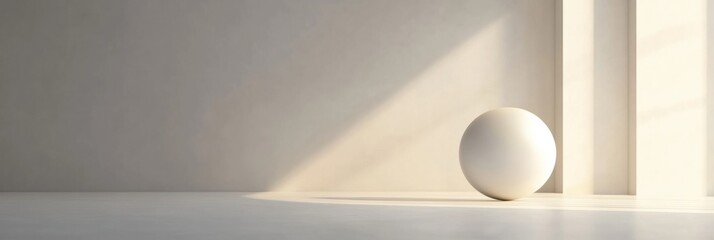 Fototapete - Soft light illuminates a simple sphere in a minimalistic indoor space with room for text. Generative AI