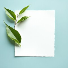 Poster - Simple blank sheet of paper with fresh green leaves on pastel background for creative design use. Generative AI