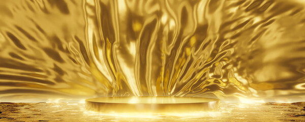Wall Mural - golden podium with flowing liquid metallic background