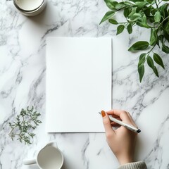 Leinwandbilder - Blank sheet of paper on marble table for creative writing or brainstorming in a calm environment with plants and coffee. Generative AI